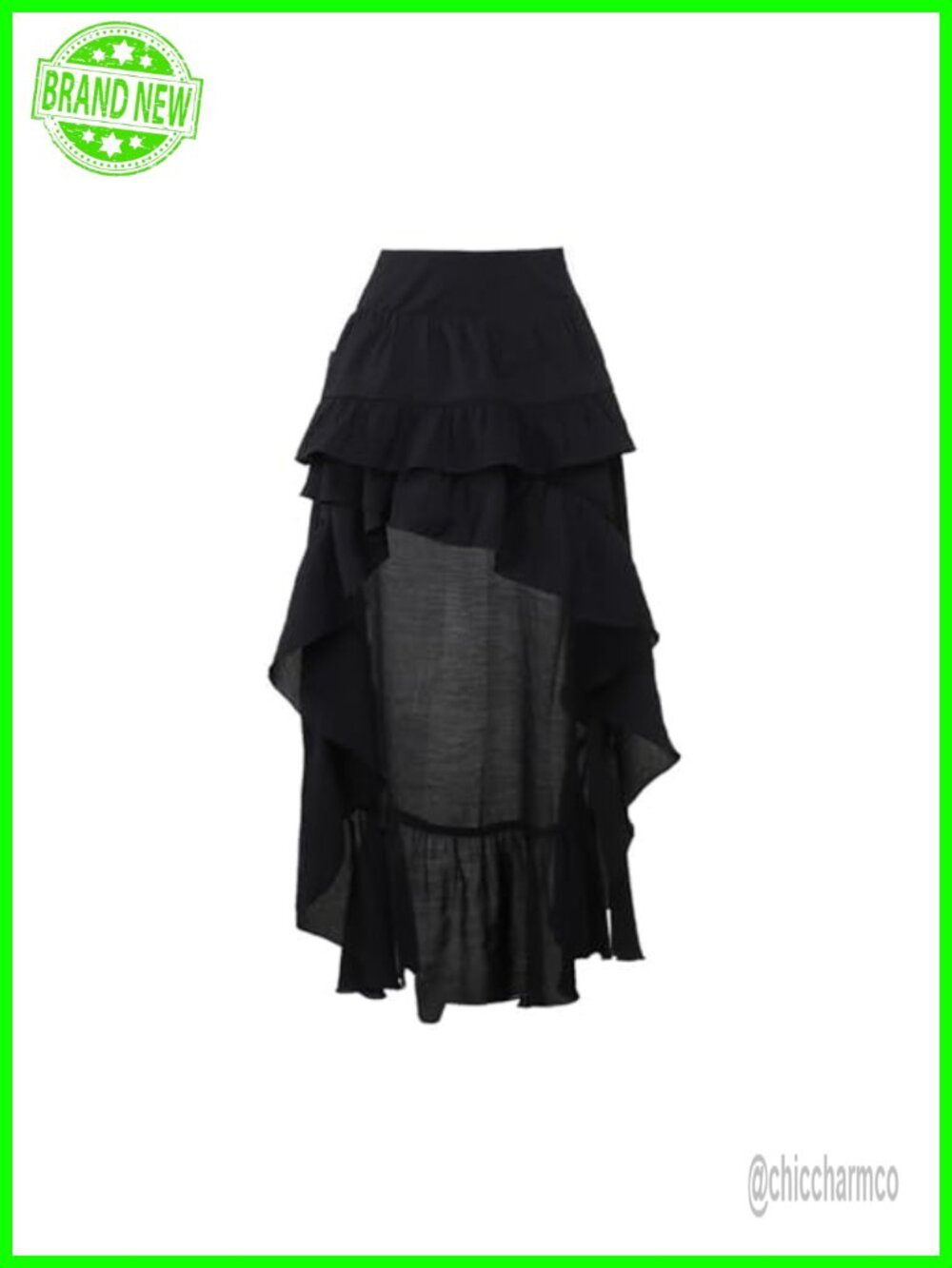 Womens Black Goth Asymmetrical Ruffle Maxi Skirt High Low Renaissance